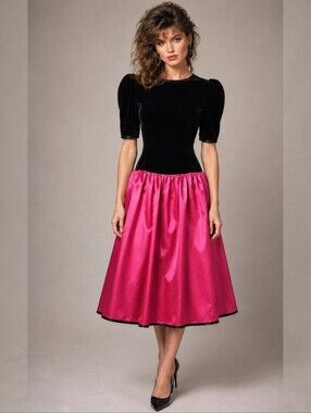 Vintage 1980s Susan Roselli for Vijack Black Velvet & Pink Satin Dress Size 7/8